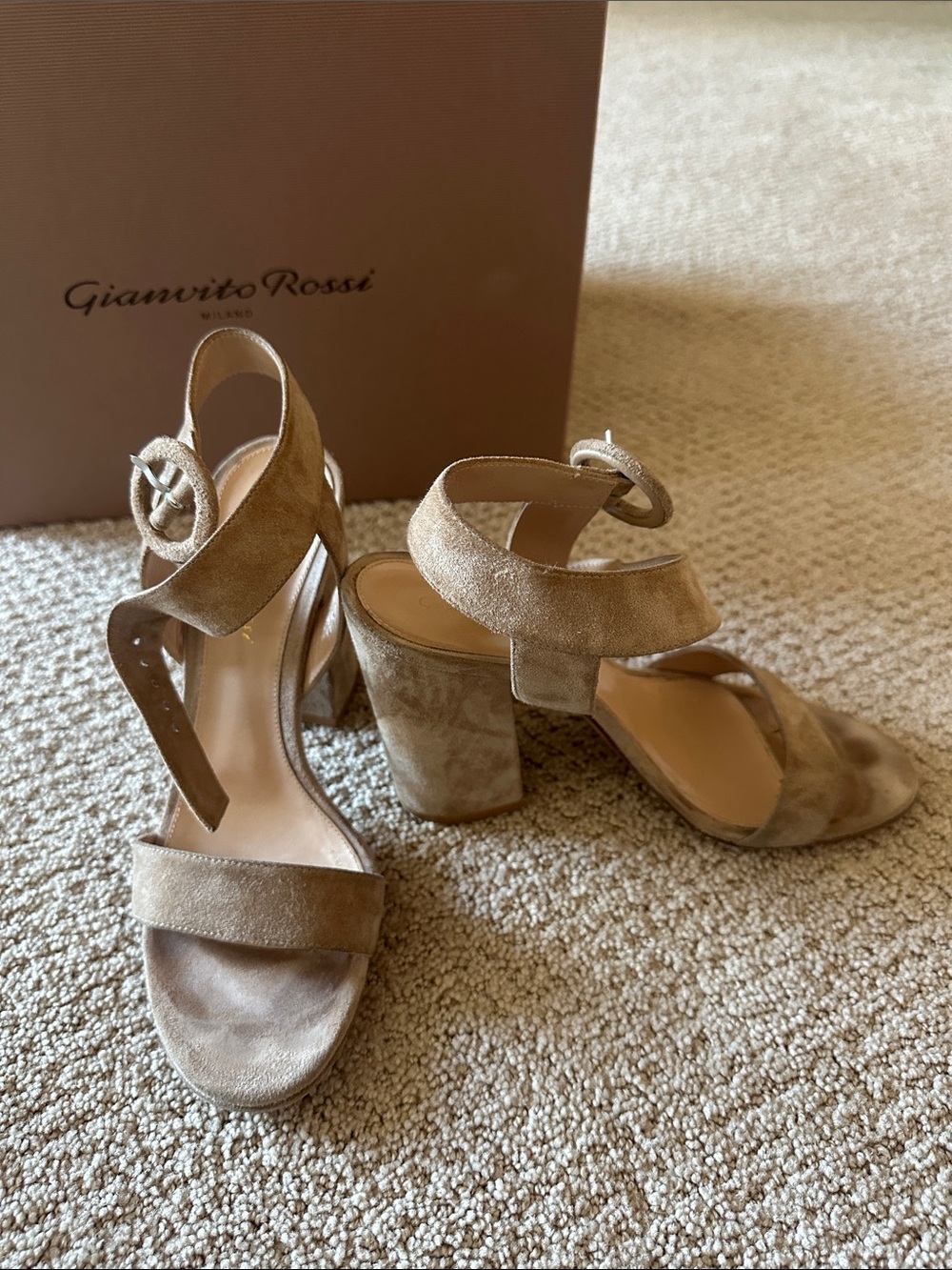 Gianvito Rossi Taupe Suede Block Heel Sandals